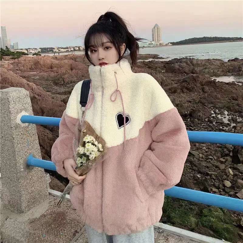 Berber fleece coat women's autumn and winter clothing 2023 new junior high school students Korean style loose thickened stitching cotton-padded clothes fashion