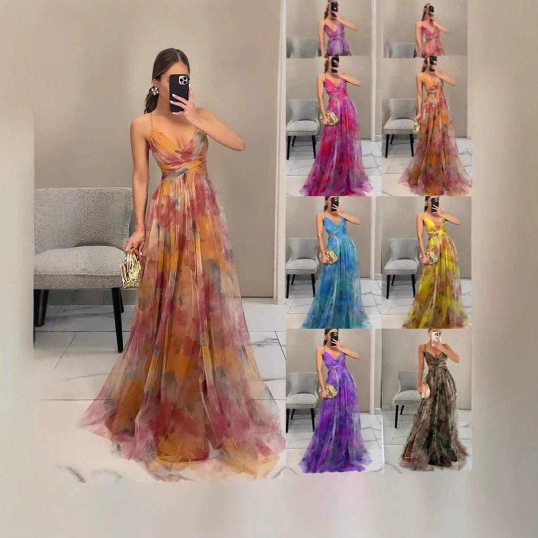 Cross-Border 2026 European and American Spring/Summer New Mesh Printed Strap Dress Ins Vacation Casual Party Dress