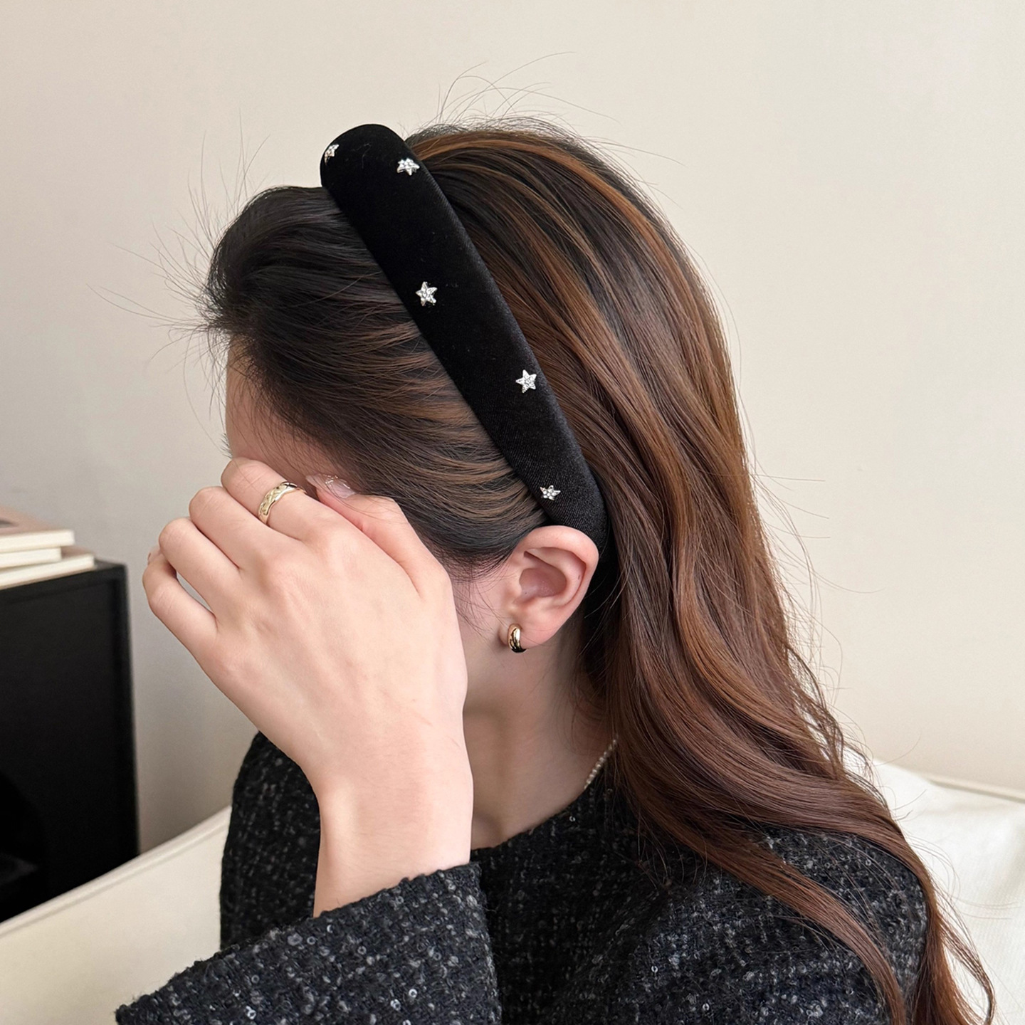 Korean-Style Five-Pointed Star Rhinestone Wide Headband for Women, Fashionable High Crown Versatile Headband for Face Washing Hair Accessory