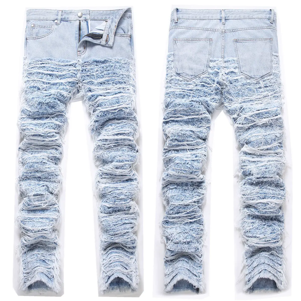 Europe and the United States joints tide models heavy stacked loose pants tassel embroidery cut hair whiskers loose leg jeans men