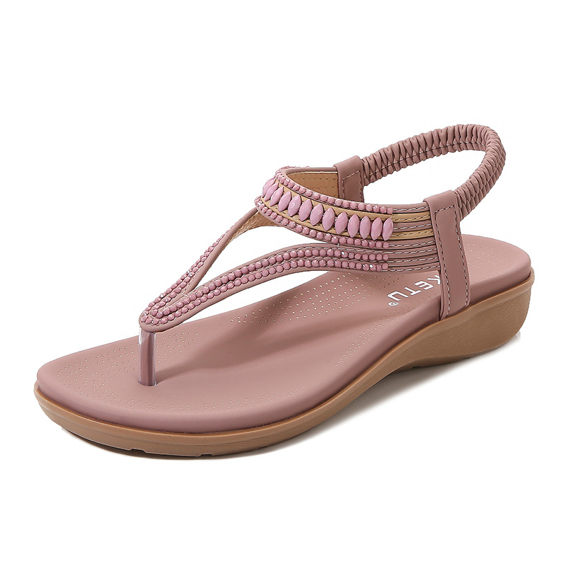2025 Summer New European and American Sandals Women's Elastic Strap Beads Soft Breathable Lightweight Plaid Large Size Wedge Women's Shoes