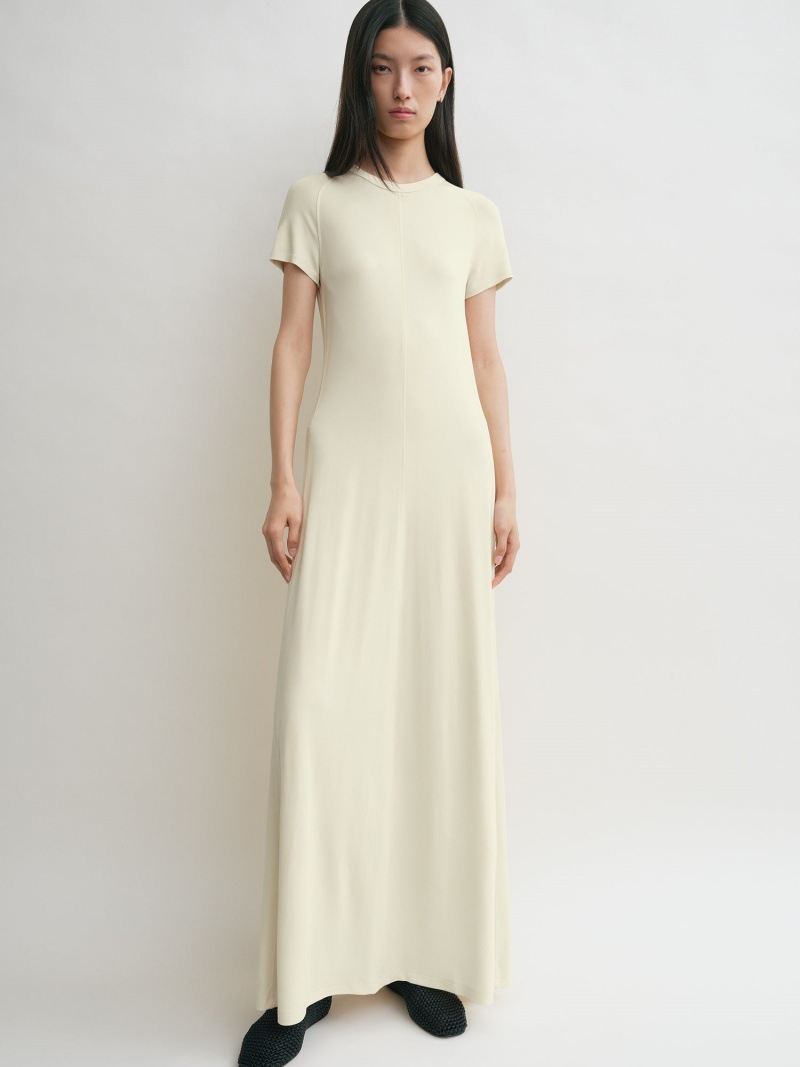 Longmei Slim Fit Round Neck Short Sleeve Dress 2026 Spring/Summer New Tot Style Simple Commuting Draped Waist Long Dress