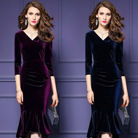 298# gold velvet dress women's autumn new sexy V-neck slim-fit sheath fishtail skirt mid-length
