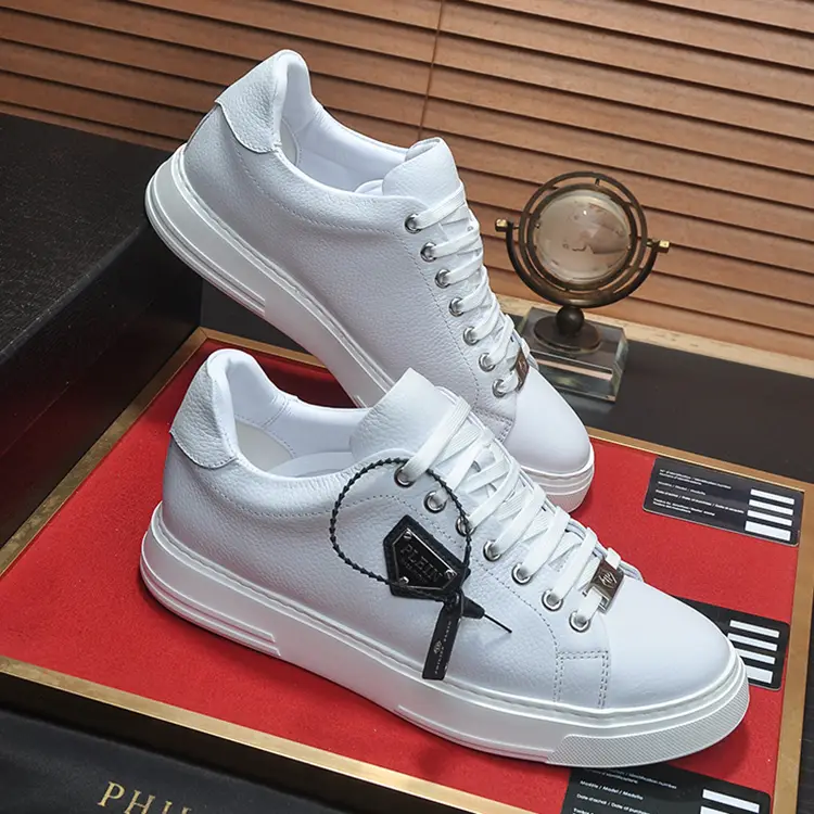 2025 New arrival Pp Men's Shoes Genuine Leather White Shoes Fashion Shoelace Low Ankle Trendy Easiest for match Casual Sneakers Men's Trendy Shoes