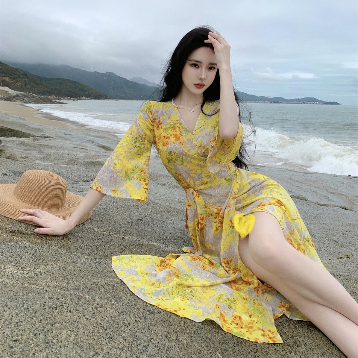 PXFS sexy underwear DY with yellow shirt seductive sexy temperament socialite wrap split dress