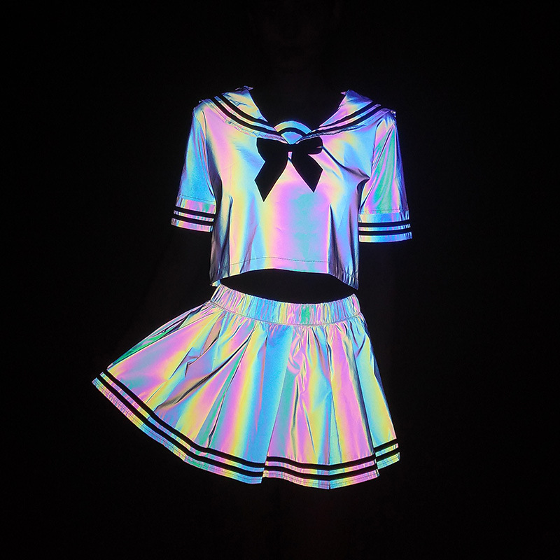 Colorful Reflective Sailor Suit Sexy Cute Uniform Suit Women's Japanese T-shirt Pleated Skirt Reflective Suit
