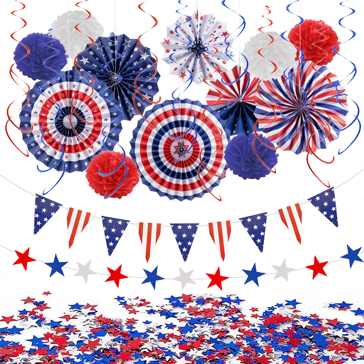 Cross-border US Independence Day Celebration Decoration Red and Blue White Paper Fan Flower Triangle Five-pointed Star Confetti Set Wholesale