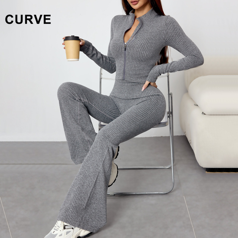 Autumn and Winter Cross-Border European and American Tight-Fitting Yoga Clothing Set with Zipper Long-Sleeve Sports Jacket for Women and Fitness Yoga Flared Long Pants