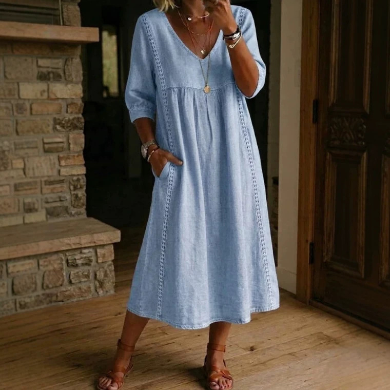 2026 New European and American Cross-Border Independent Brand Casual Loose V-Neck Spliced Lace Trim Linen Cotton Dress