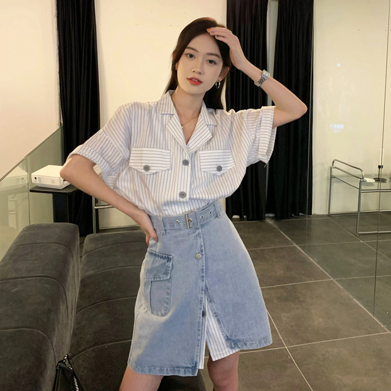 Two-Piece Suit/Single-Piece Summer Style Lapel Striped Short-Sleeved Shirt Loose Top with Denim