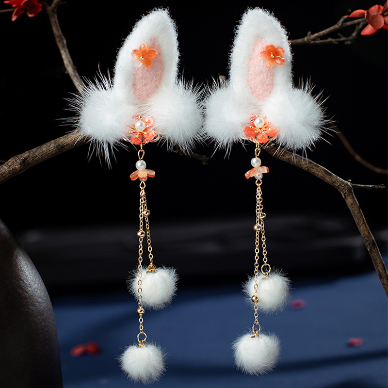 Winter fur ball antique hairpin rabbit ear flower plush pair clip tassel cat ear pair clip New Chinese clothing hair accessories