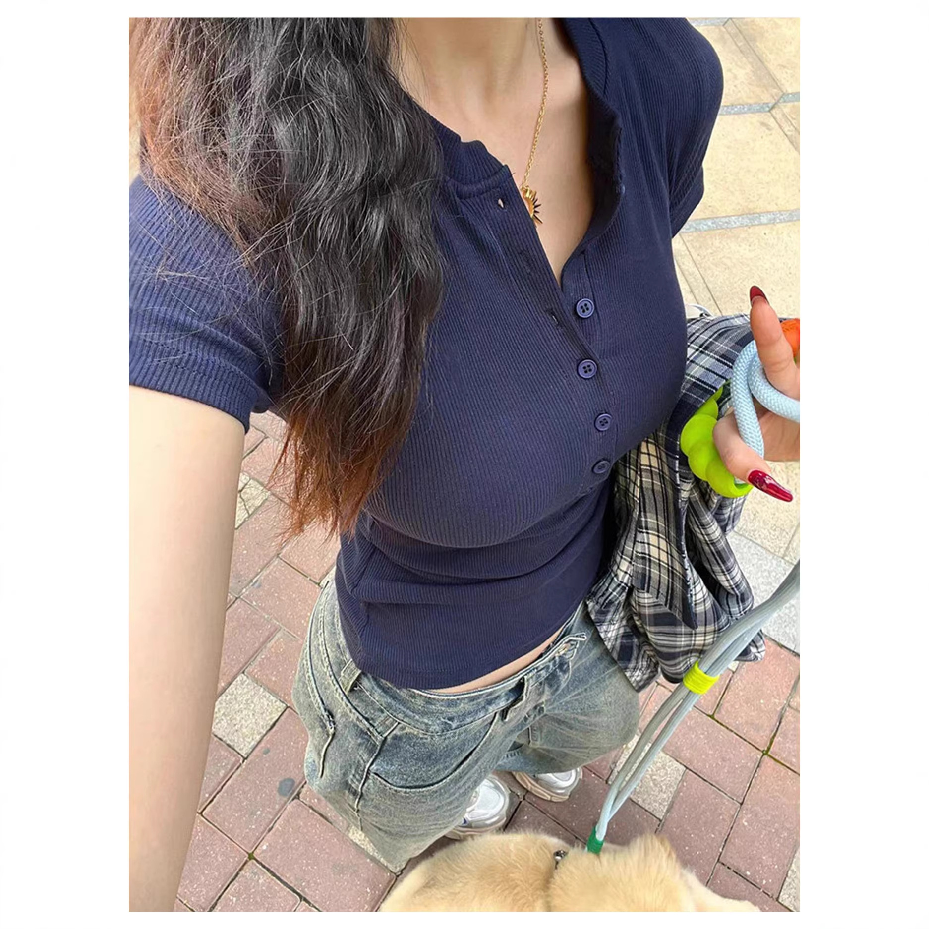 Navy Blue Henley Collar Short-Sleeve T-Shirt for Women, 2026 New Summer Slim Fit Inner Layer Base Shirt, Short Top