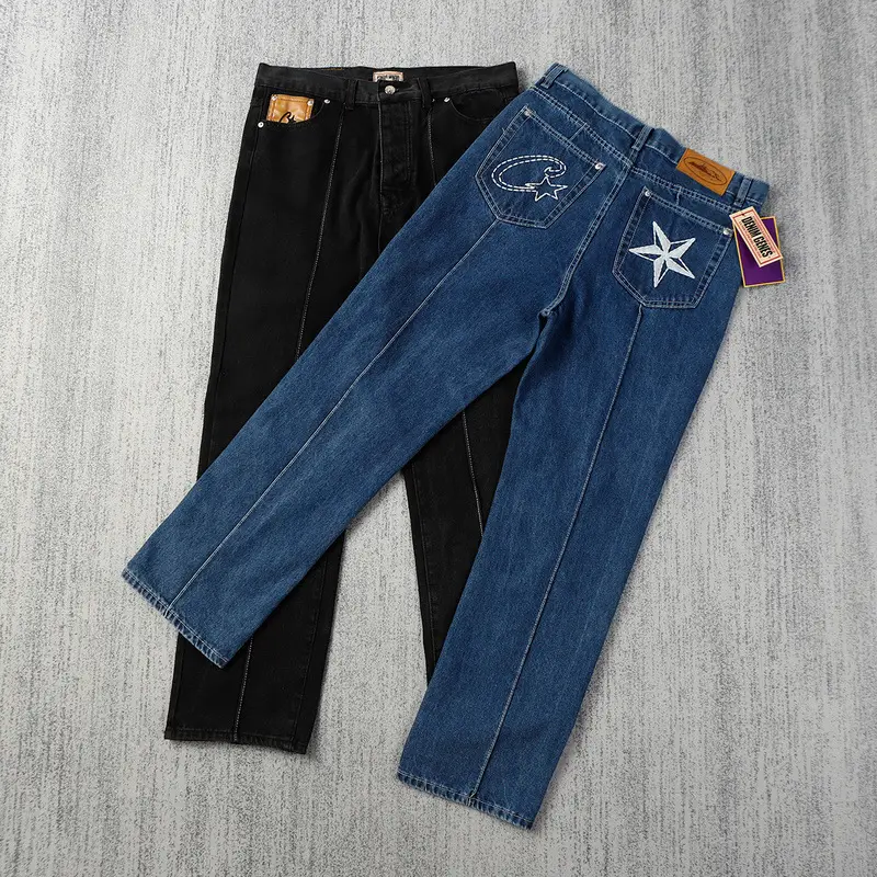 Croteiz Cross-Border Jeans Star Embroidery Jacket High Street Retro Distressed Trousers Street Hip-Hop