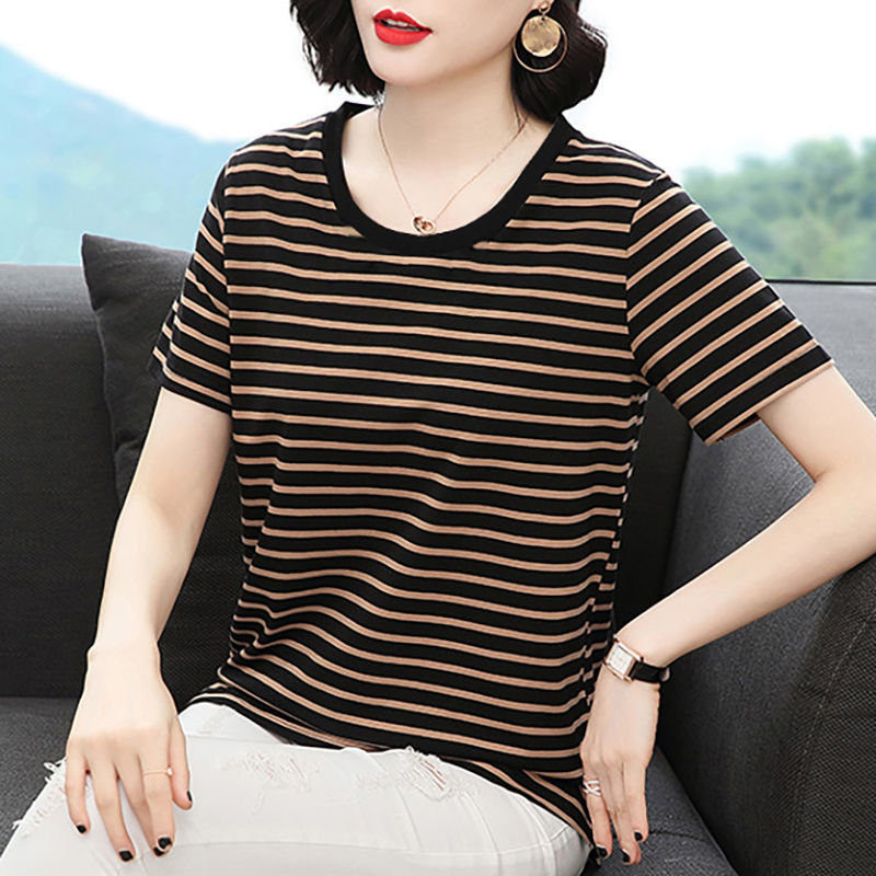 Korean Style Short-Sleeved T-Sleeved Women's Summer Stripesd Shirt for Middle-Aged Mothers, Slim, Fashionable and Versatile Loose Top