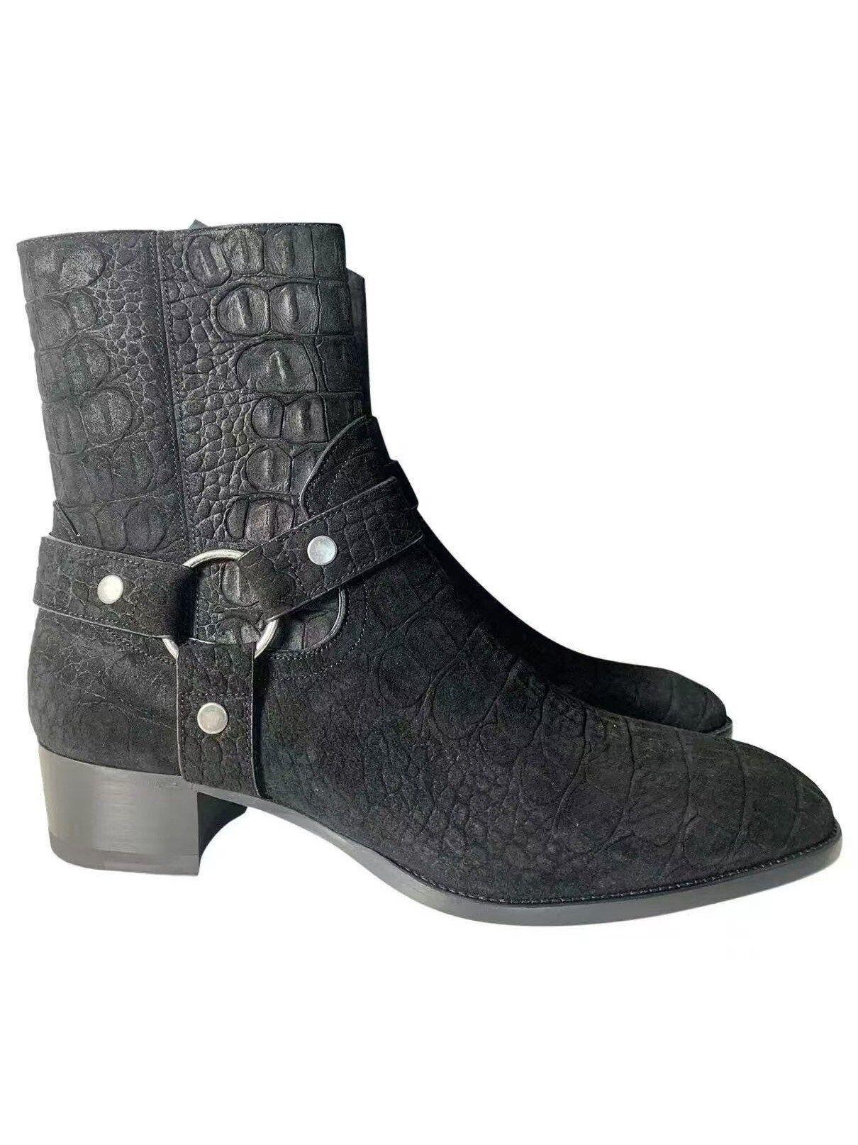 Zhuoma Dark Style Chelsea Boots for Men, Suede Embossed Leather Crocodile Pattern Side Zipper Pointed Toe Short Boots, Fashion Trend