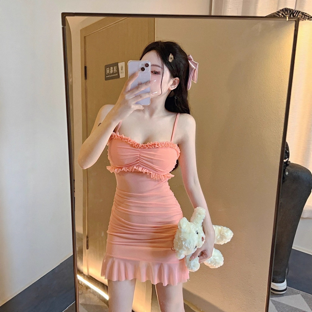 Sexy Mesh Lace Strap Bodycon Mini Skirt with Unique Design, Niche Fashion Strap Dress
