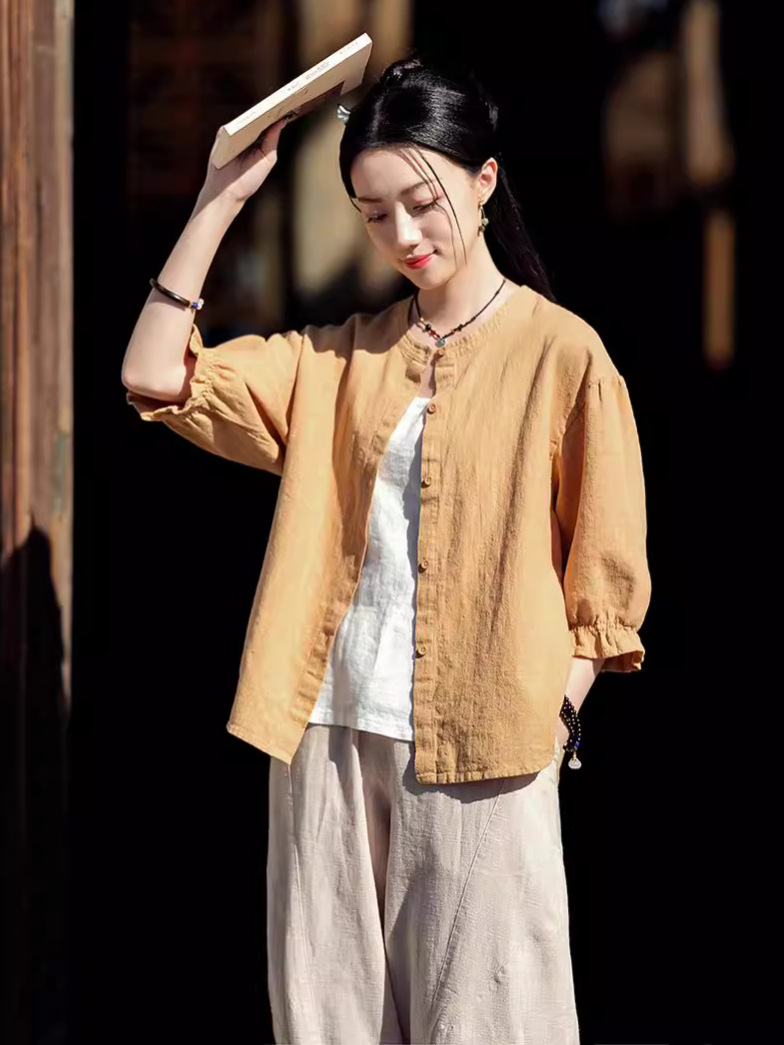 26 Spring Cotton and Linen Women's New Artistic Round Neck Petal Sleeve Shirt Half Sleeve Cardigan Top Women's Sun Protection Outerwear Shirt