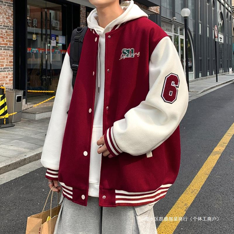 wine red American-style hiphop baseball suit men's autumn and winter roora lovers coat color matching bomber jacket