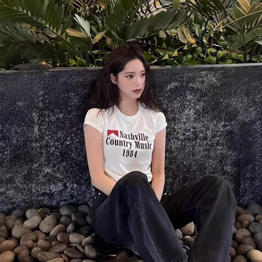 BM New Ouyang Nana Letter Printed Short-sleeved T-shirt Women's BM Shoulder Slim-fit Slim-fit All-match Top