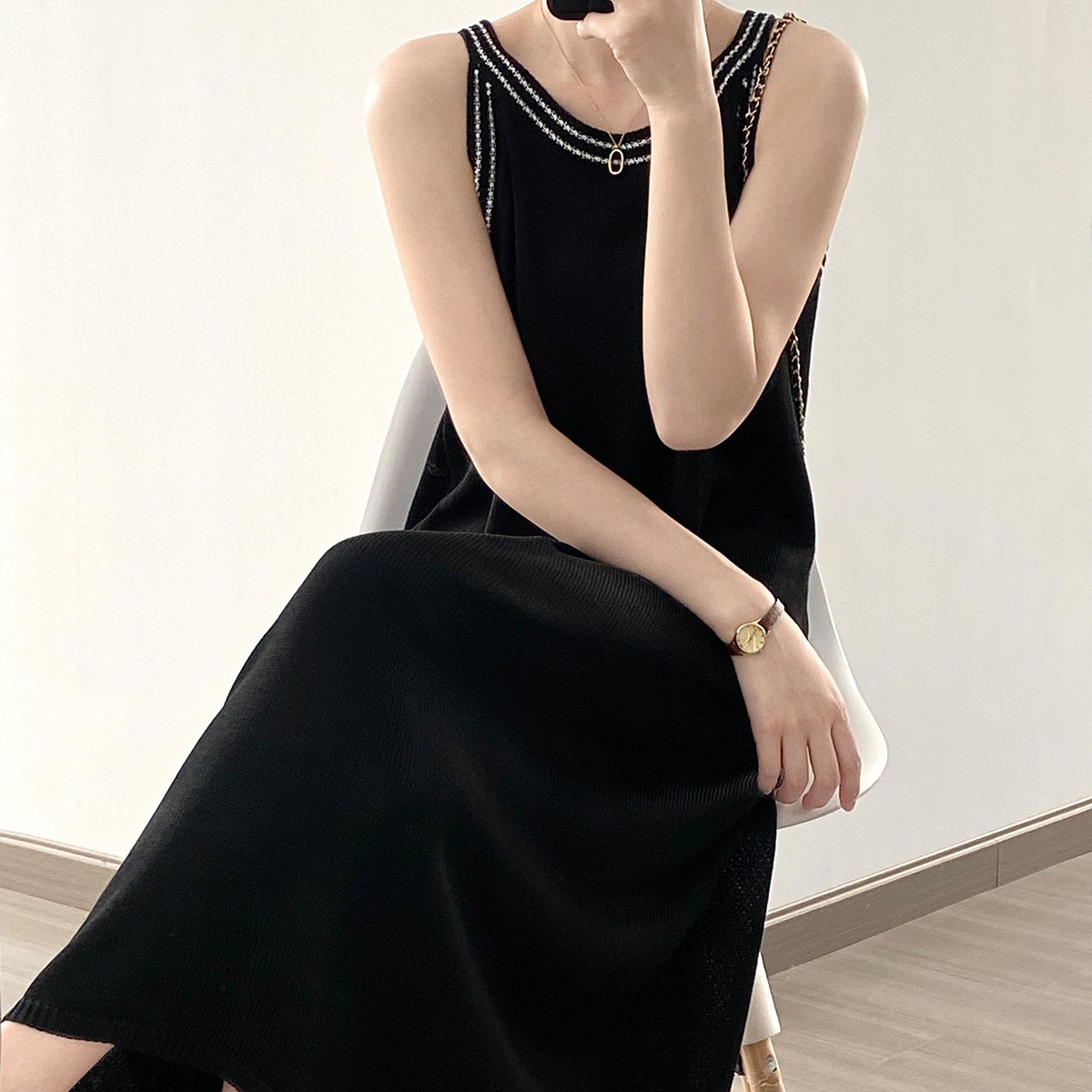 Hong Kong Style Vintage Chic Skirt French Striped Ice Silk Knitted Sling Dress for Summer