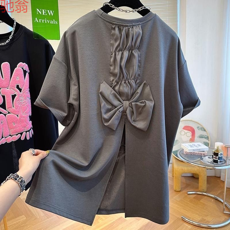 W9Q Cotton New Back Split T-Shirt Round Neck Bow chubby girl Loose Slim plus size Women's Summer Top