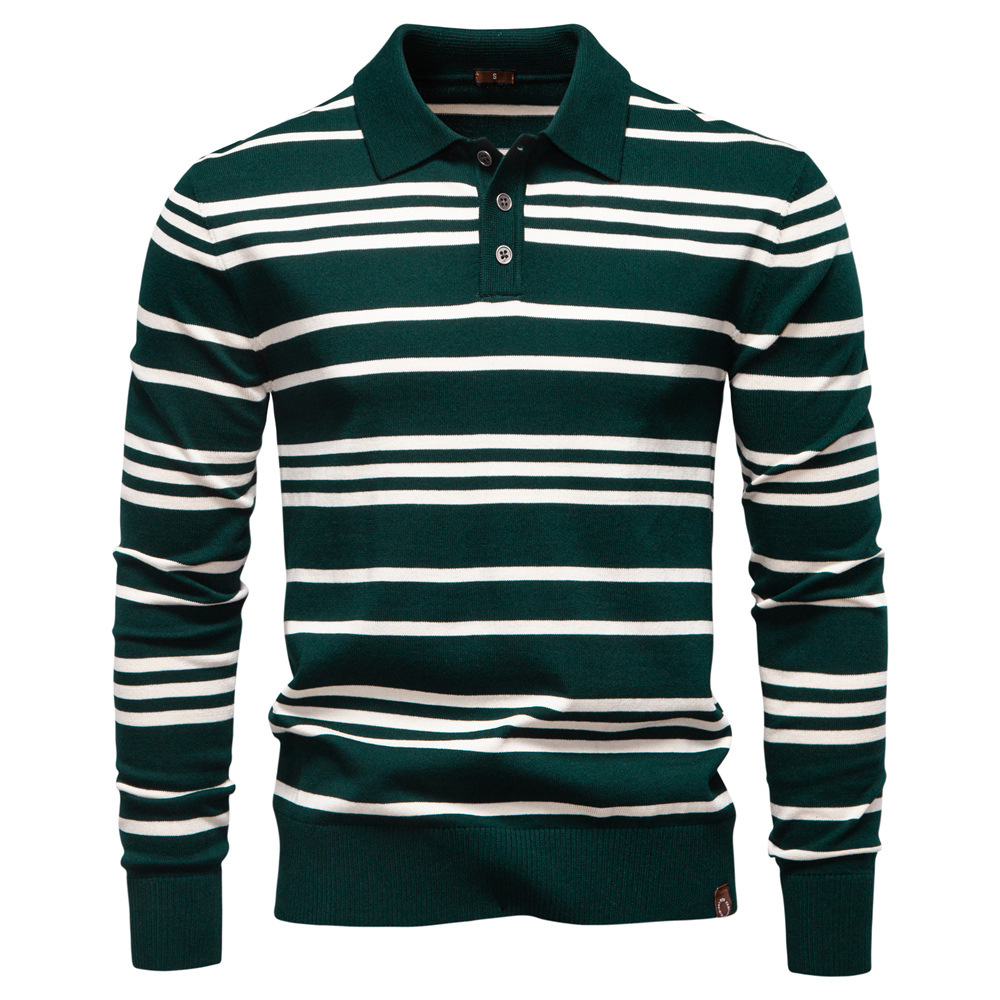 2025 Autumn and Winter Export New European Size Cross-Border Lapel Men's Stripesd Sweater Polo Collar Knitted Sweater for Men