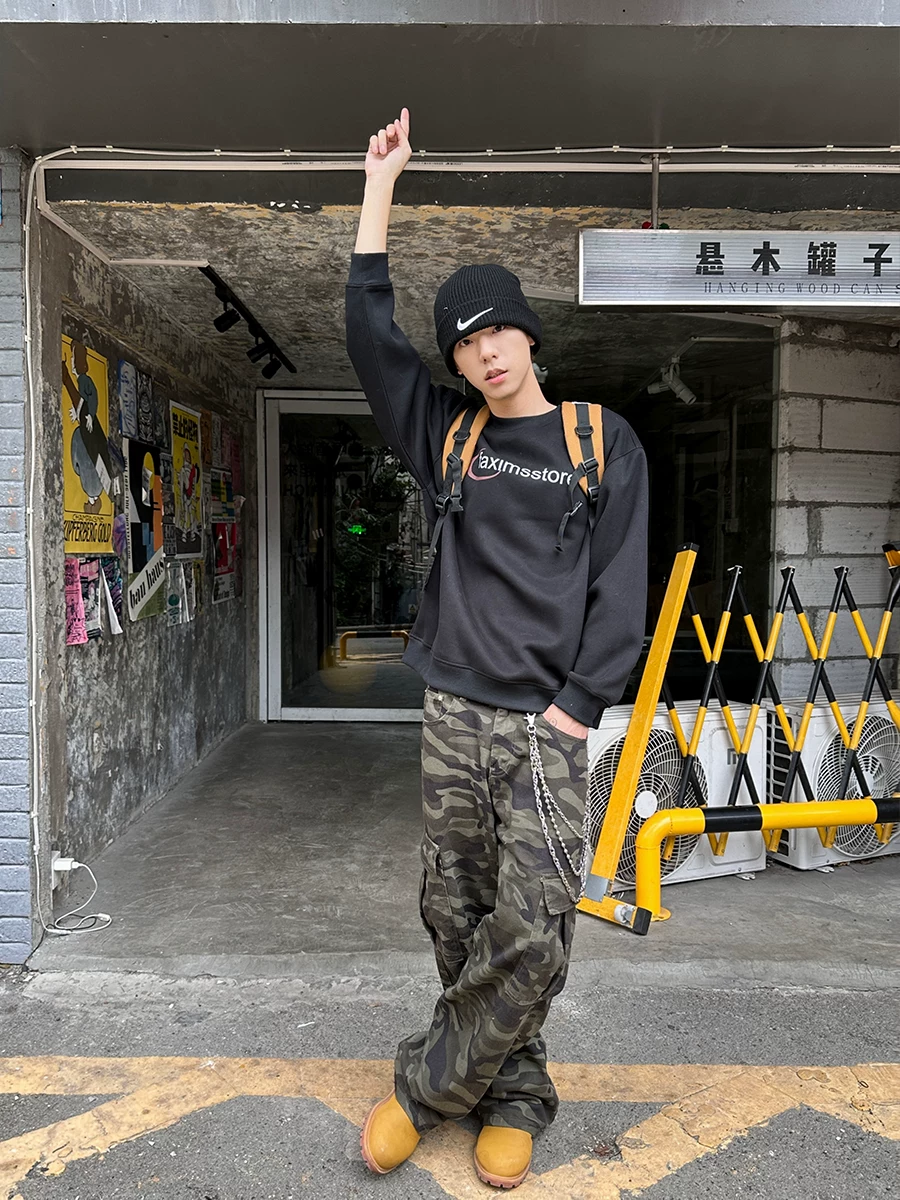 Faxims Store American Retro Camouflage Large Pocket Cargo Pants Unisex Straight Loose Casual Wide-Leg Pants