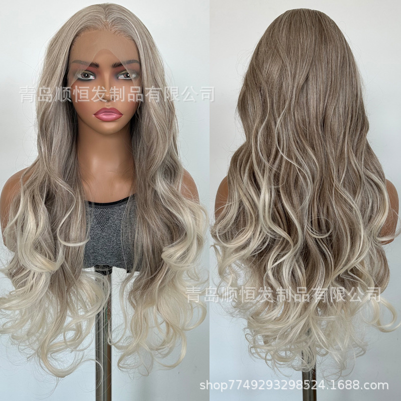 Qingdao Wig 26inch Long Curly Hair Wig European and American Style Gradient Off-White Synthetic Fiber Wig Factory Wholesale