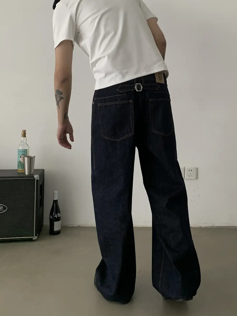 INKNOTS Paris Buckle Straight Tube Tannin Original Color Jeans for Men and Women Trendy Brand Cleanfit Loose Pants