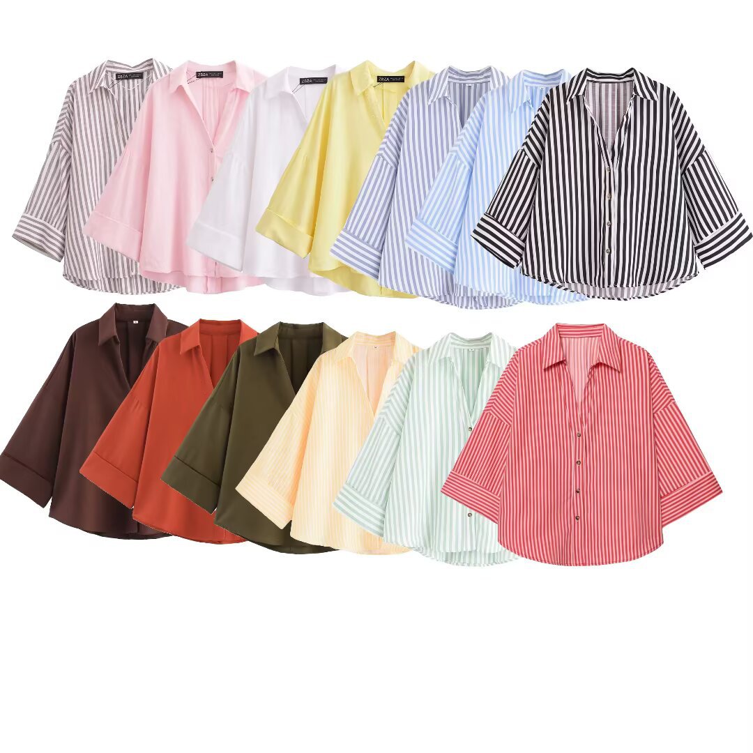 2025 Summer New European and American Style Linen Wide-Sleeve V-Neck Loose Shirt 2340939