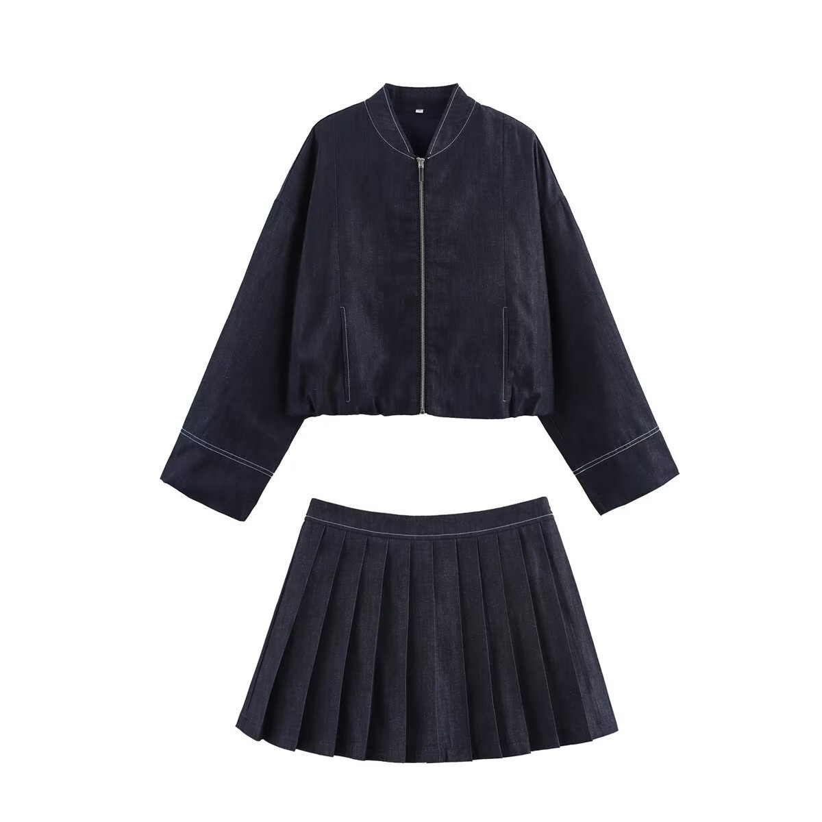 2025 New European and American Style Balloon Style Denim Bomber Jacket Wide Pleated Denim Culottes Suit
