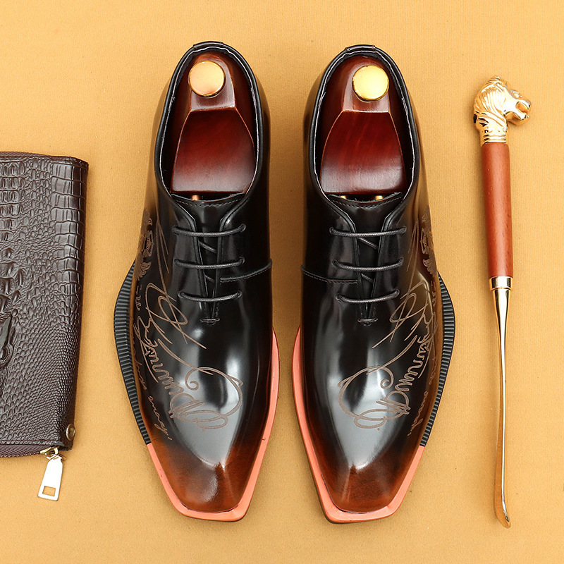 [vip for] foreign trade explosions men's shoes patent leather glossy leather shoes real leather British carved business dress shoes