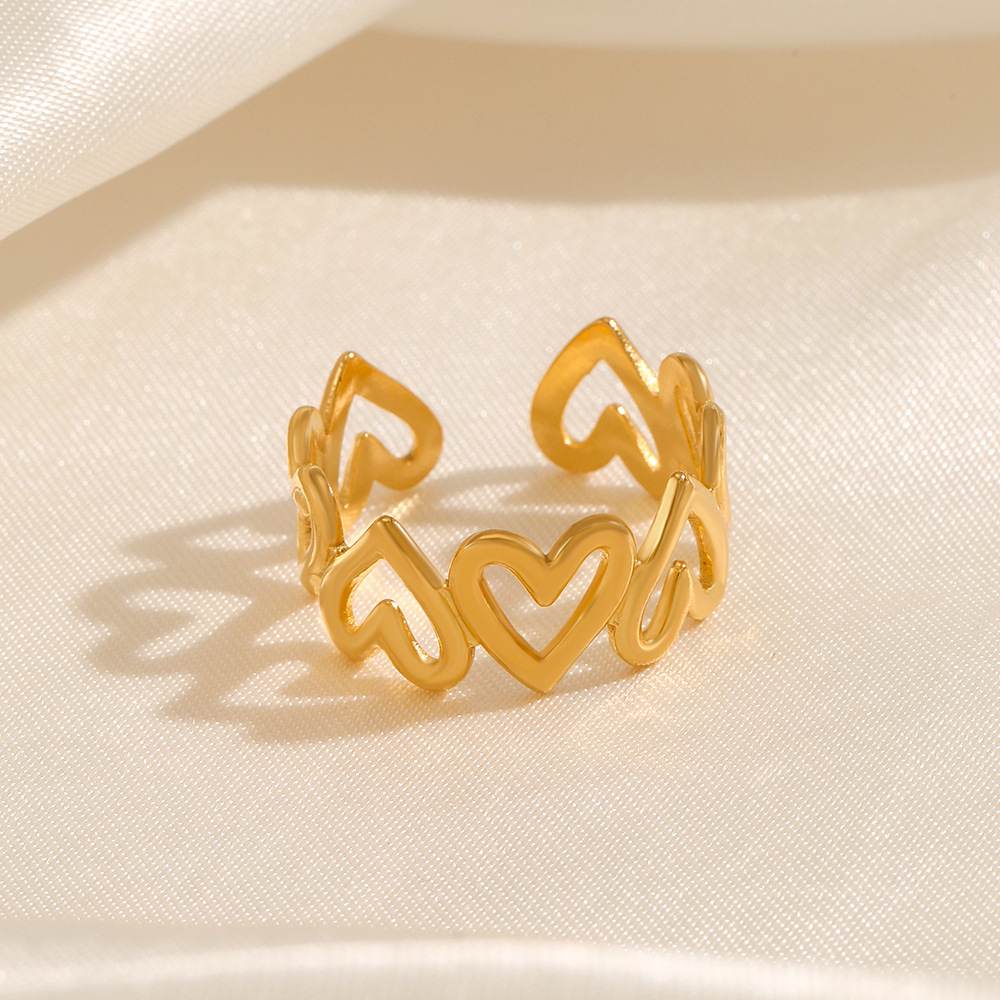 European and American Fashion Stainless Steel Splicing Heart Ring Ins Style Popular Versatile 18K Gold-Plated Elegant Index Finger Ring for Women
