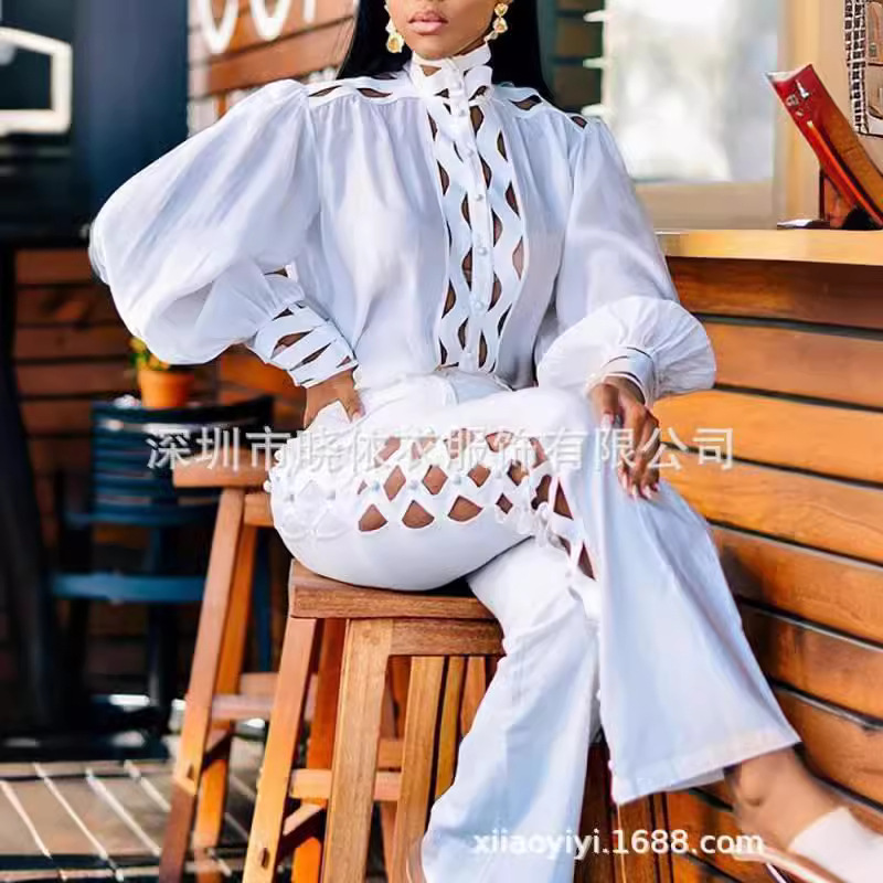 Amazon Aliexpress Foreign Trade Lace Shirt Long Style Elegant Commuter Long-Sleeve Solid Color Pants Suit Retro Two-Piece Set