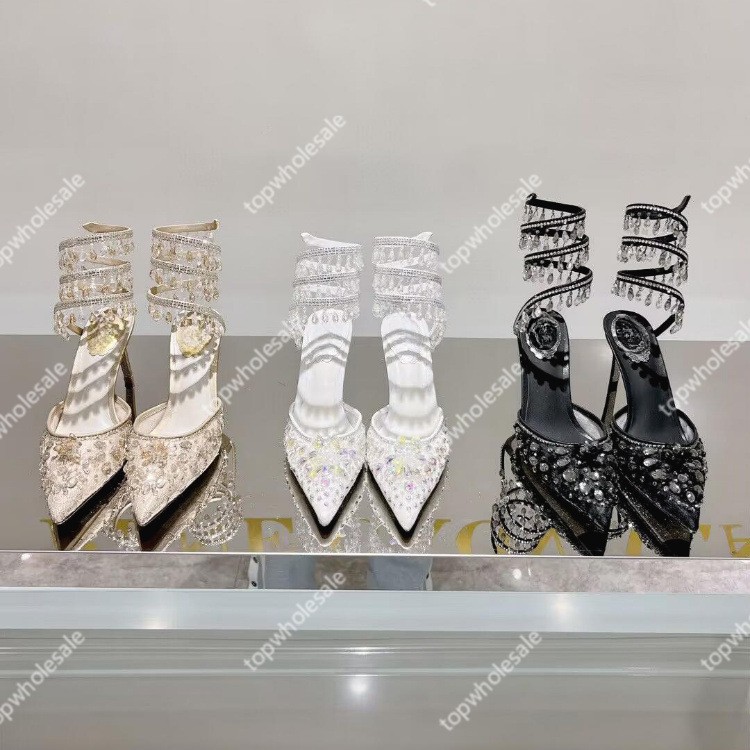 New in stock Crystal Pendant Ribbon Winding Foot Ring in stock Urban Elegant High Heels Sandals Chanel Style European and American Style