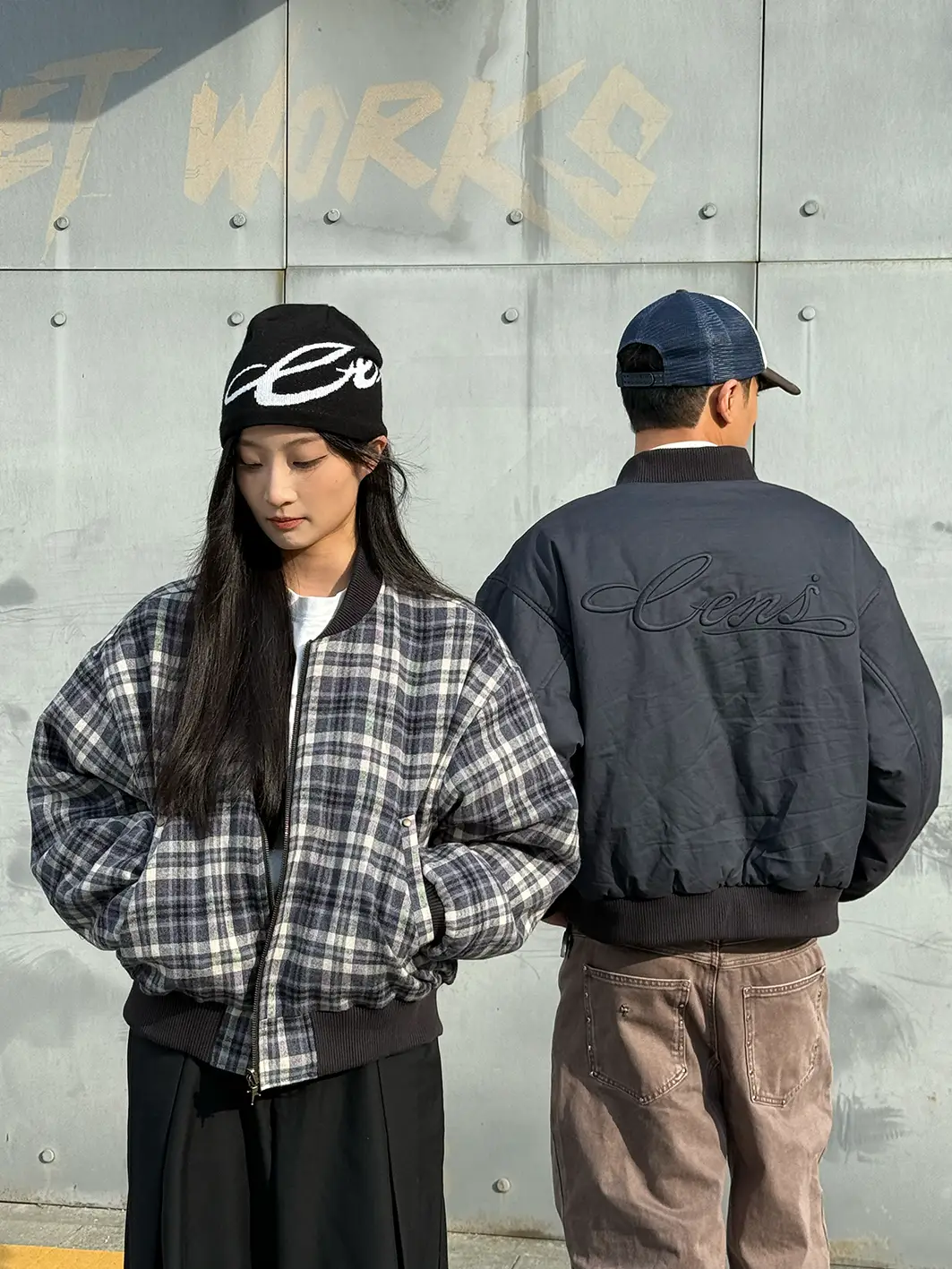 CENSMADE short and wide embroidered jacket with grid pattern, navy blue, double-sided wearing, cotton jacket, thick cotton jacket, MA1 bomber jacket