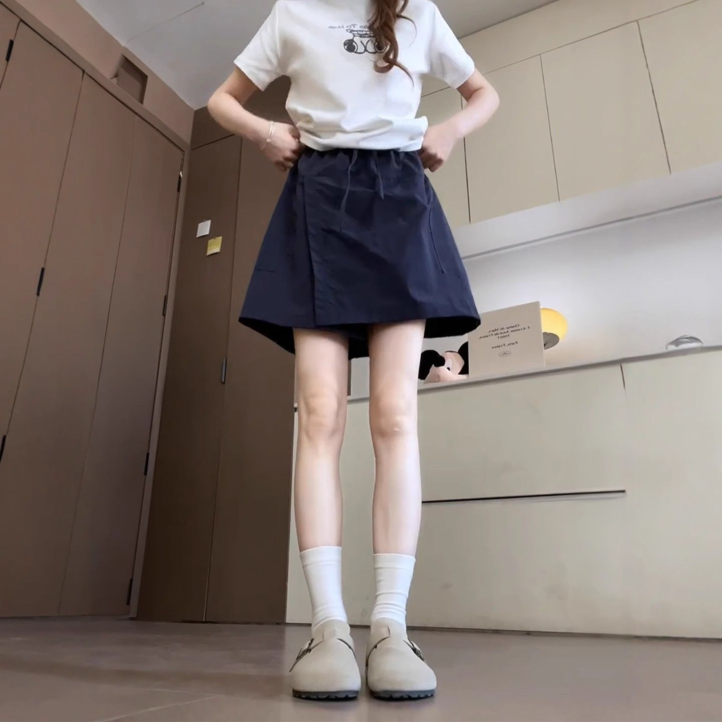 Navy Blue Yamamoto Workwear Skirt Pants for Women, Summer Thin Plus-Size High-Waisted Hip-Covering Slimming A-Line Knee-Length Shorts Trendy