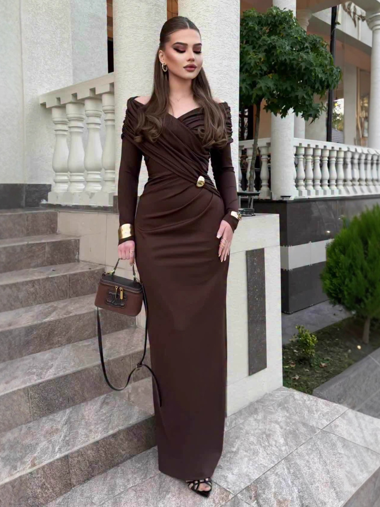 European and American Amazon 2025 Autumn New Foreign Trade Solid Color Cross-Neck Dress with Waist-Cinching Elegant Casual Long Dress