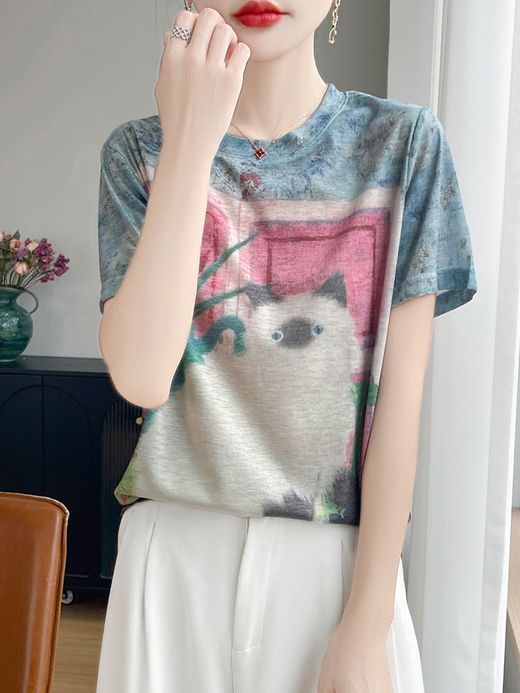 2025 Summer New Korean Style Cartoon Cat Print Short-Sleeved T-Shirt for Women, Slim Fit, Stylish Round Neck Top, Trendy