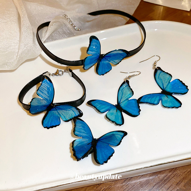 Princess Style Super Fairy Gradient Blue Butterfly Ear Hook Bracelet Necklace suit Sweet Literary Style Personality All-match Jewelry suit