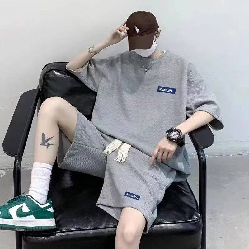 Waffle Casual Sports Suit Men's Loose Summer Short-Sleeved T-Shirt Men's Set with Handsome Shorts Clothes