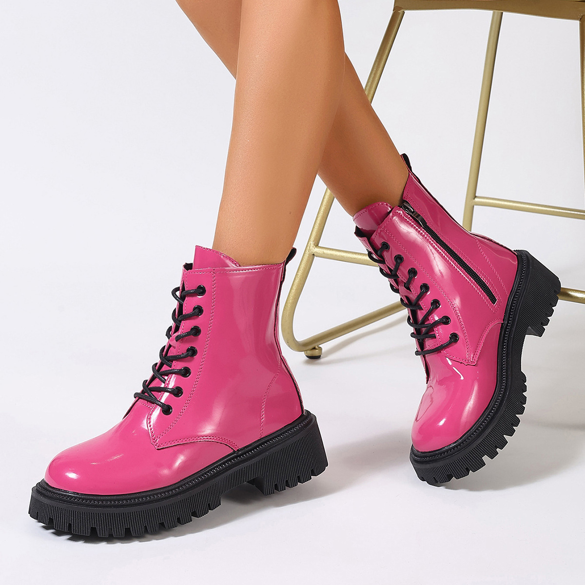 Foreign Trade Martin Boots Women's British Style Patent Leather Thick-soled Lace-up Mid-barrel Boots Handsome Motorcycle Boots Knight Boots Short Boots Women