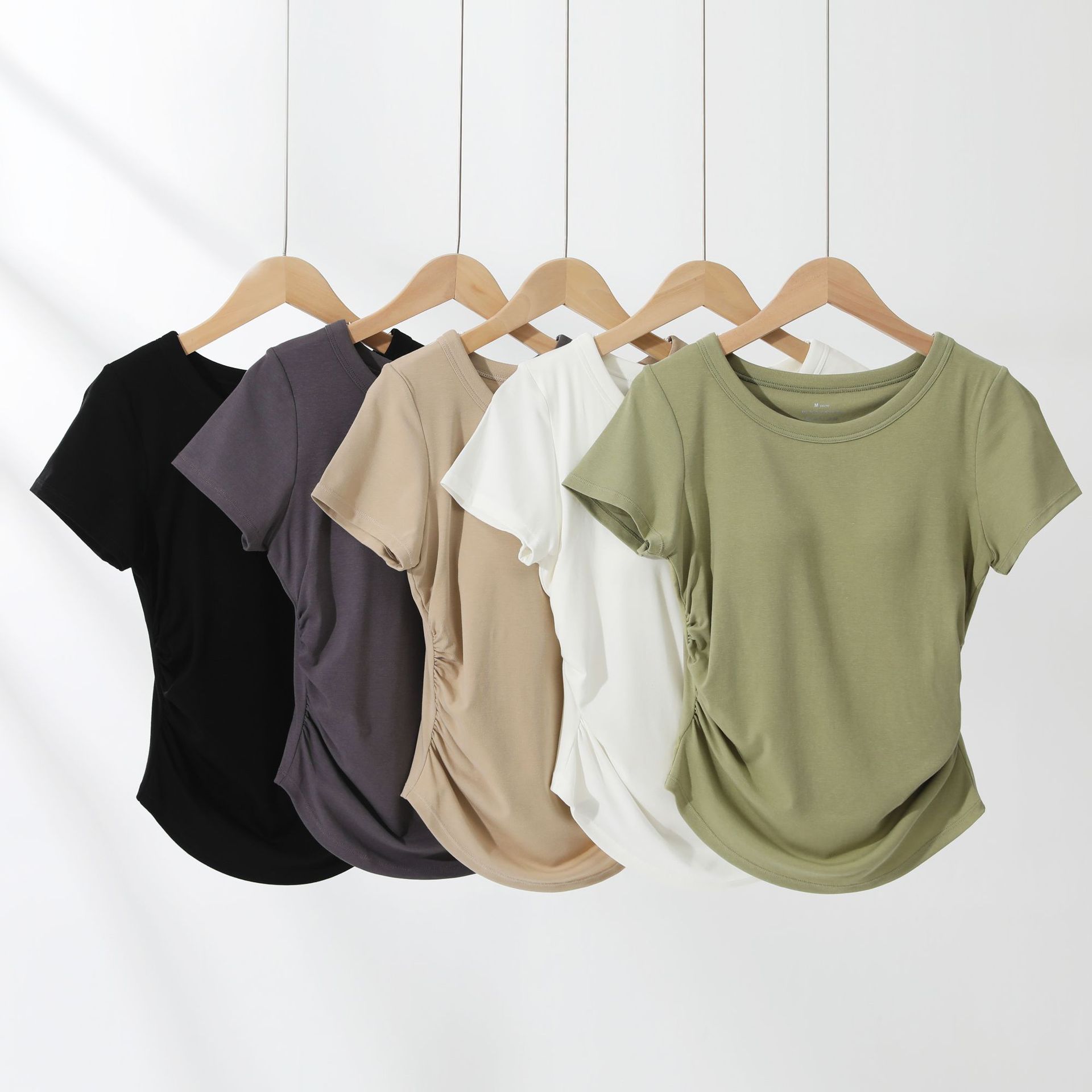 Summer Design Sense Dovetail Short-sleeved Side Pleated Waist Crewneck T-shirt Pure Desire Style Self-contained Chest Pad Short-sleeved T-shirt