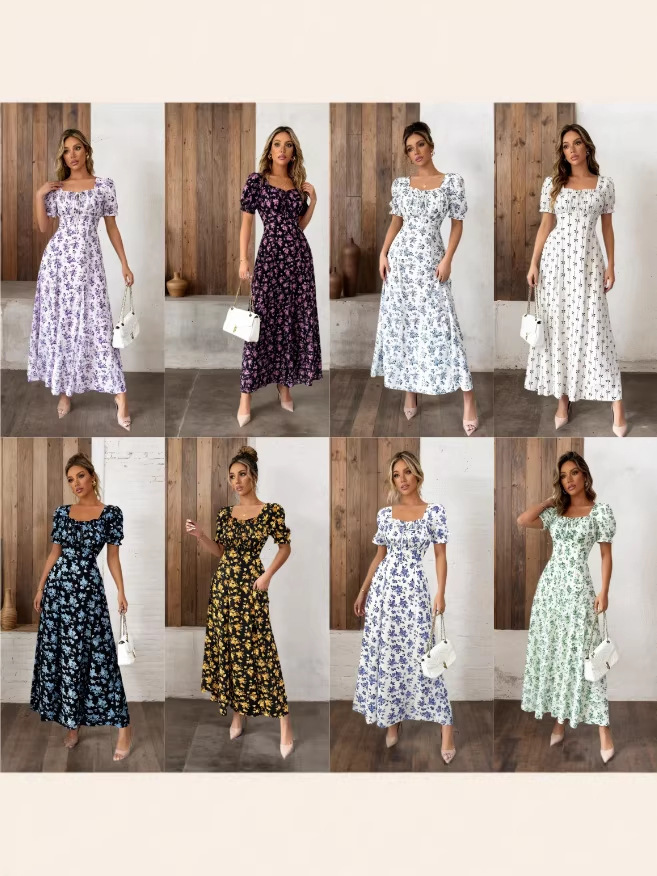 2026 Amazon European and American Cross-Border Foreign Trade Women's Summer Fashion Casual Square-Neck Printed Short-Sleeved Floral Dress