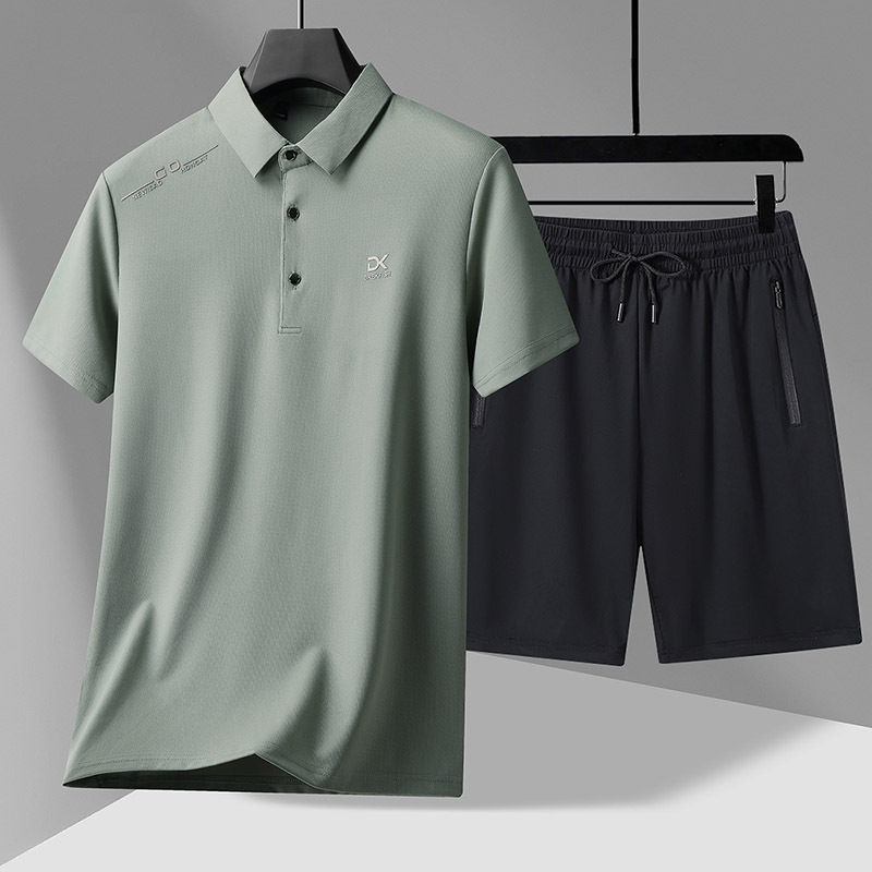 Summer Men's Ice Silk Short-Sleeved T-Shirt Shorts Set Business Casual Two-Piece Loose Polo Shirt for Middle-Aged Dad