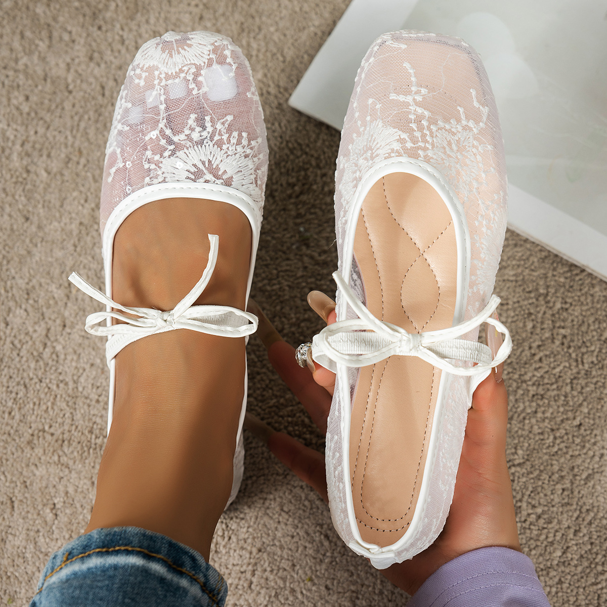 New Foreign Trade Lace Fairy-Style Flat Hollow-Out Single Shoes for Women, Cross-Border Square-Toe Lace-Up Design Mesh Shallow Mouth Boat Shoes