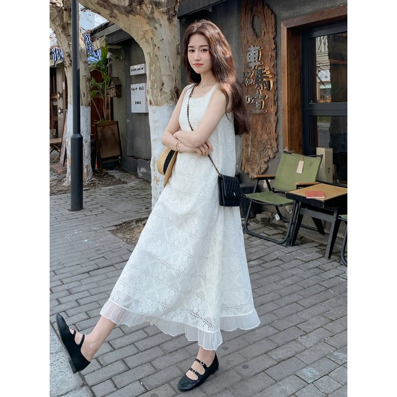 Crochet Lace French-Style Sleeveless White Tank Dress 2025 Summer New Gentle Style Stunning Vacation Long Dress