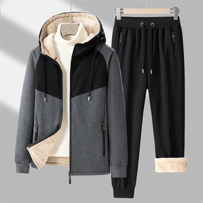 fleece-lined Thickened Warm Cashmere Sports Two-Piece Autumn and Winter Hooded Cardigan Sweater Trousers New suit Men