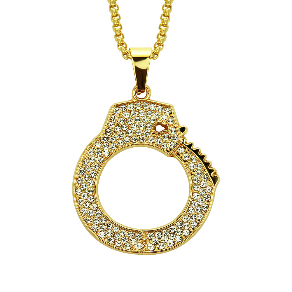 European and American Hip-Hop Rap Street Dance Jewelry Diamond-encrusted Personality Handcuffs Pendant Necklace Exaggerated Men's Accessories Jewelry