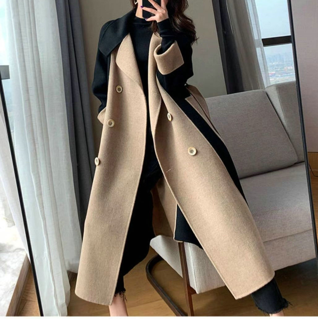 2024 winter new double-sided velvet design sense color matching temperament Hepburn style thin wool coat women's long coat